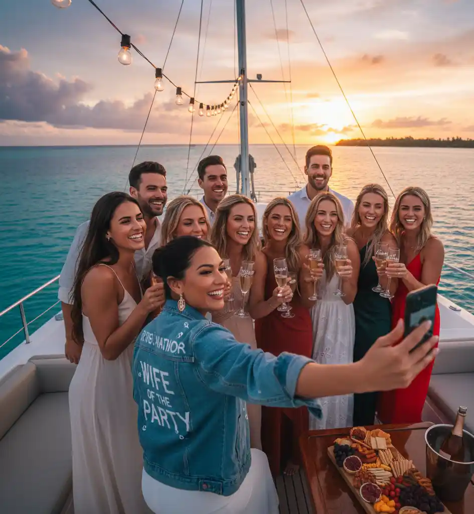 A group of friends taking a selfie on a yacht at sunset, toasting with champagne, with one woman wearing a denim jacket that says "Wife of the Party".