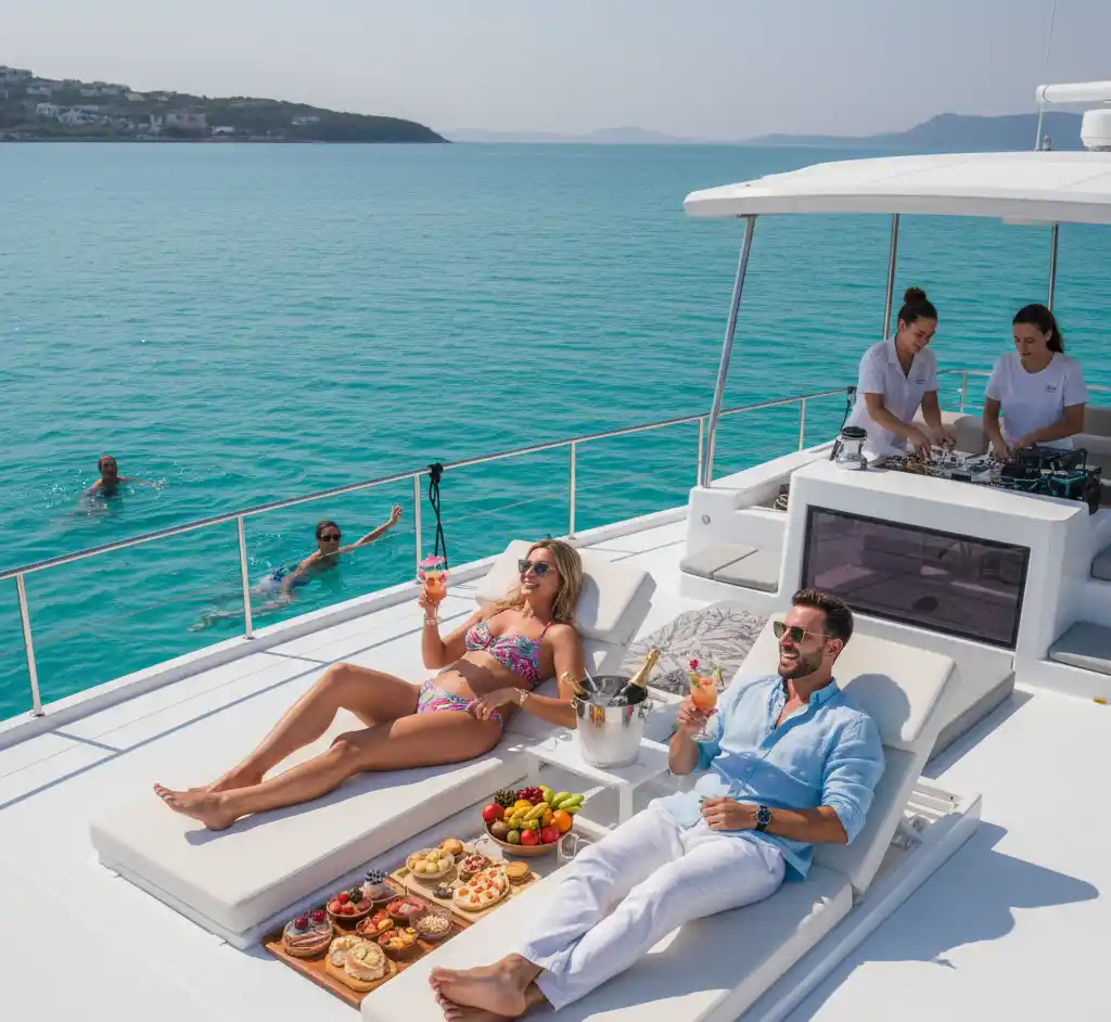 A couple relaxing on sun loungers on a luxury party boat, enjoying drinks and snacks with crystal-clear waters in the background and other guests swimming.
