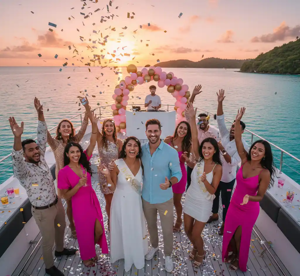 A group of excited friends celebrating a bachelor/bachelorette party on the deck of a luxury yacht at sunset, with confetti falling.