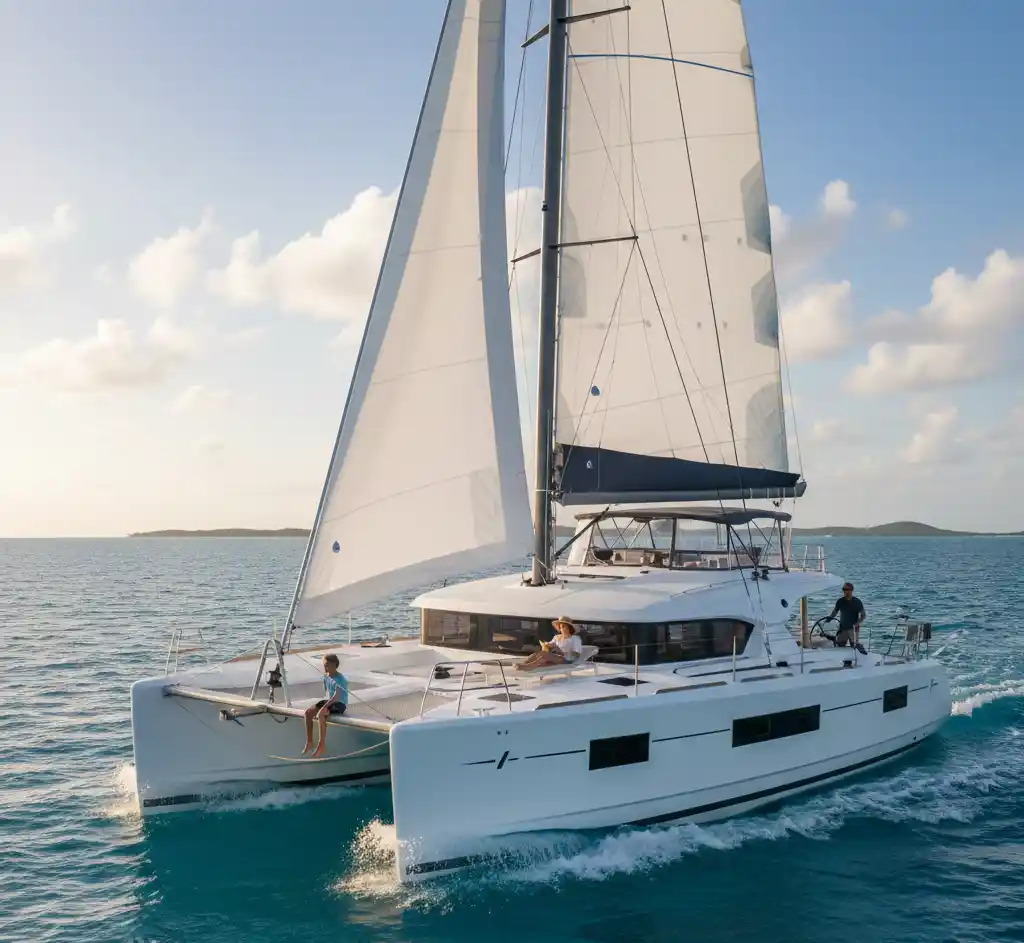 A sleek white luxury catamaran sailing through turquoise tropical waters at golden hour. A few people are visible on deck: a person at the helm, another relaxing on a sunbed, and a child sitting on the forward netting.