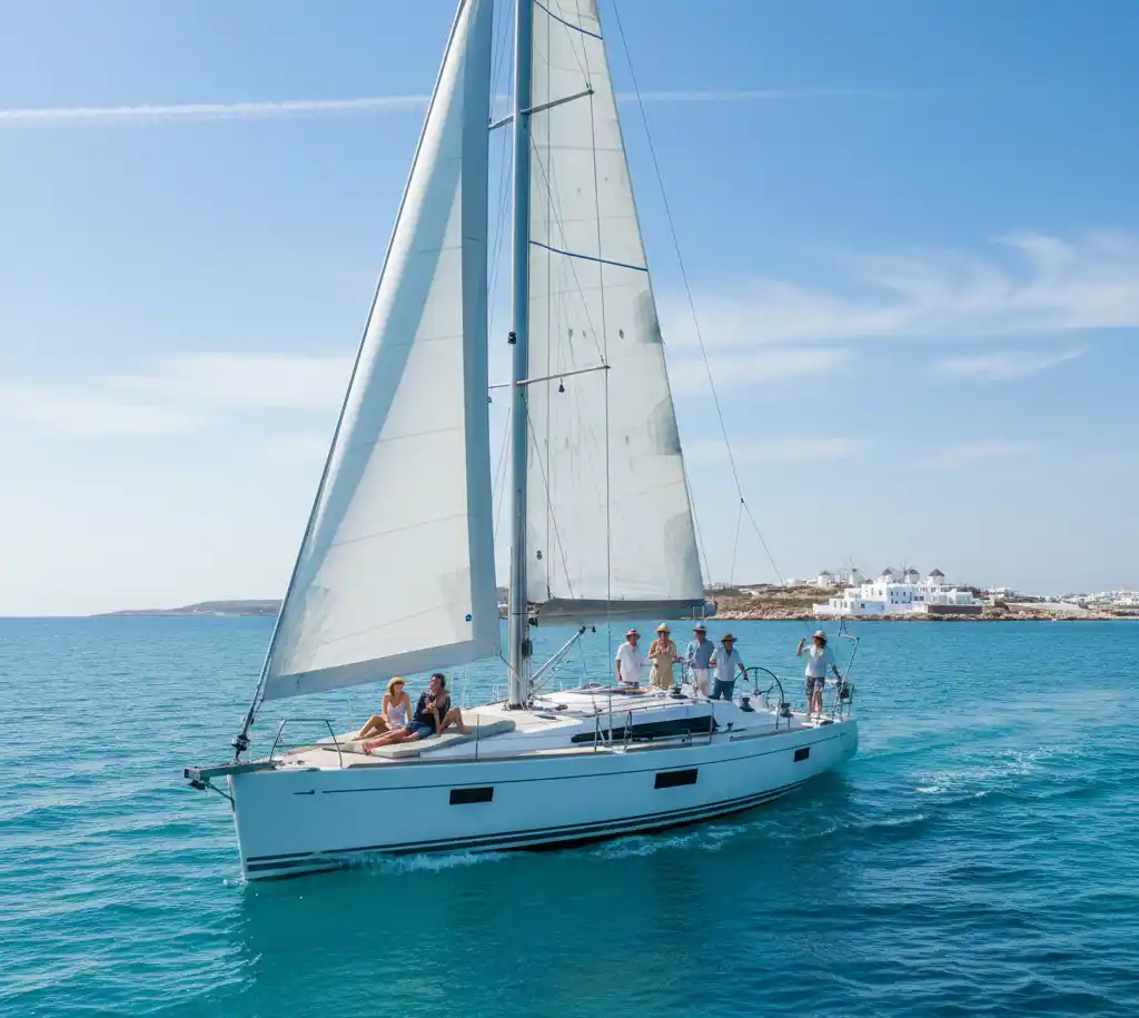 Luxury sailing charter in Mykonos: A monohull yacht navigating light winds near the Greek Islands on a bright summer day.
