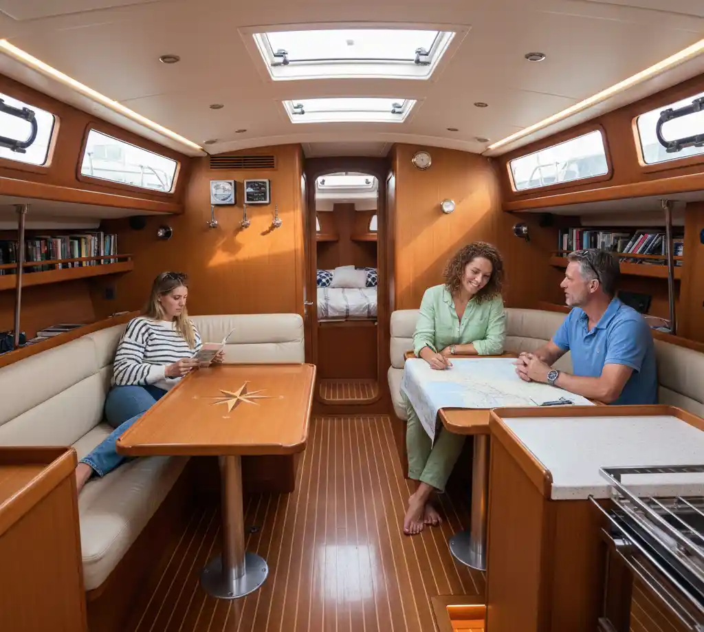 A realistic interior view of a modern monohull sailing yacht featuring warm wood paneling and a teak floor. Three people are relaxing in the saloon: a woman in a striped sweater reading on the left-side settee, and a man and woman sitting across from each other at a starboard table reviewing a nautical chart. Natural light streams in from overhead hatches and side portholes.