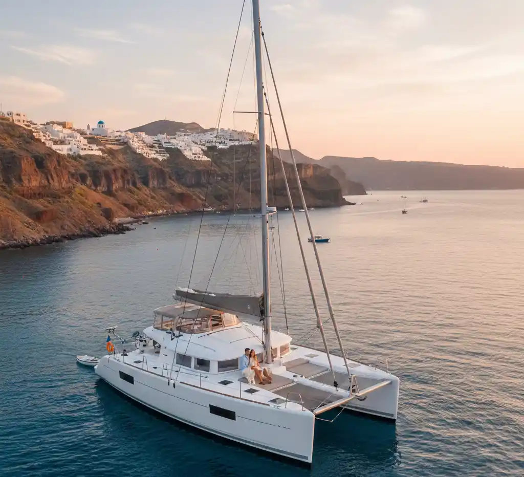 A sleek white catamaran sailing yacht at anchor in Santorini, Greece, with a couple sitting on the deck during a golden hour sunset. The iconic white buildings and volcanic cliffs of the island are visible in the background.