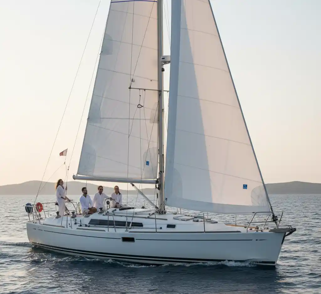 A sleek white sailboat glides across calm blue waters during a sunset or sunrise. Four people dressed in white are on deck, with one person at the helm. In the background, rolling hills meet the horizon under a soft, hazy sky.