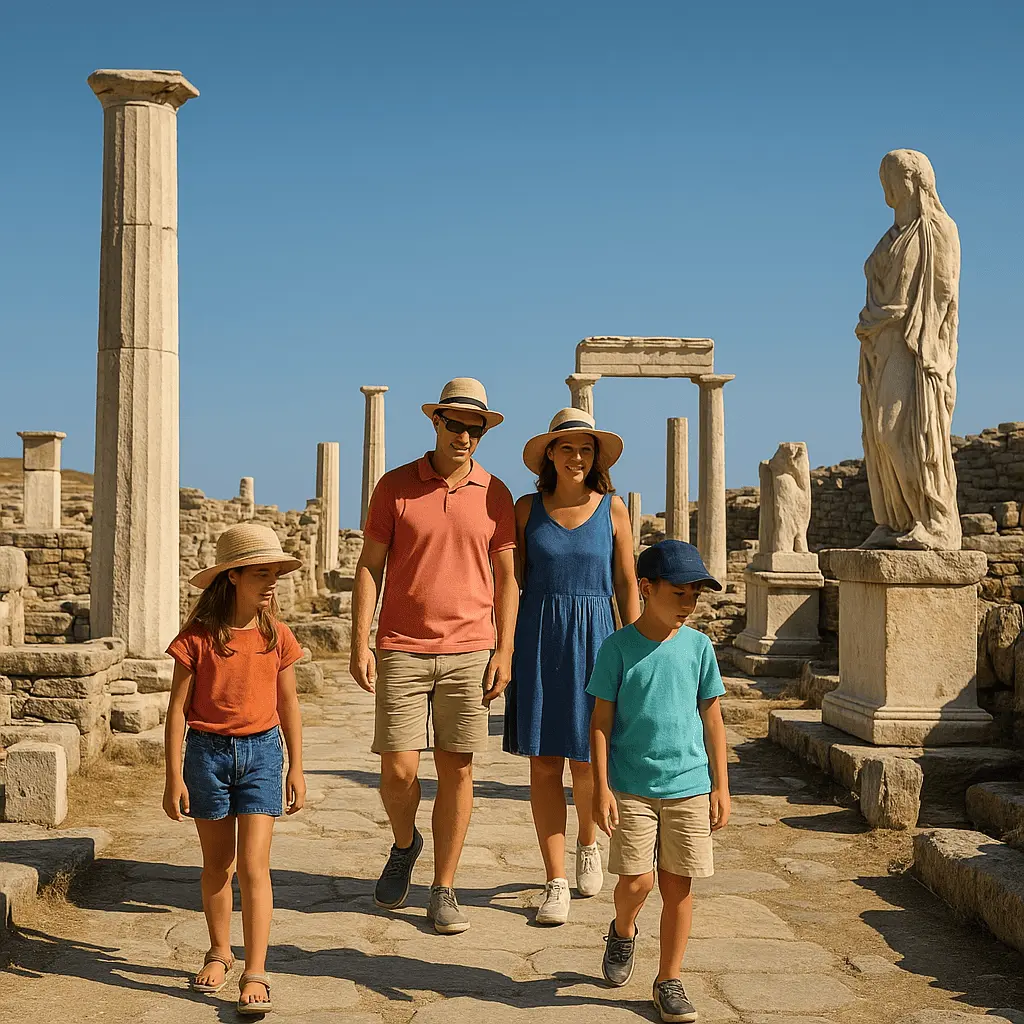 Family walking among ancient ruins on Delos island during a guided historical sailing tour