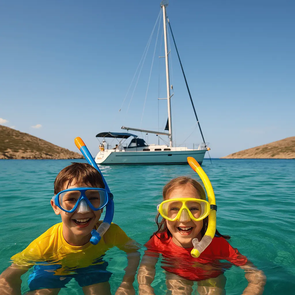Two children snorkeling in clear turquoise waters near a sailing yacht during a family holiday
