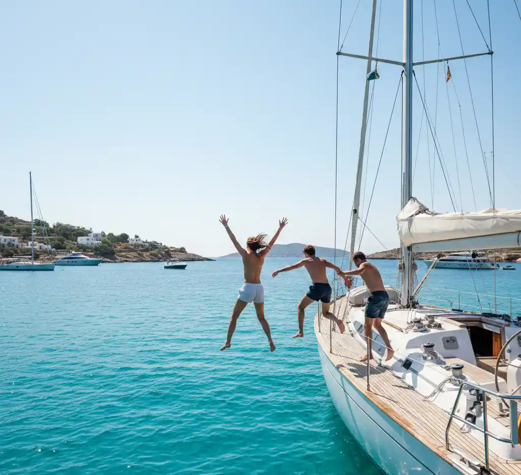 Three friends jumping off a sailing yacht into clear turquoise sea near a sunny island coastline.