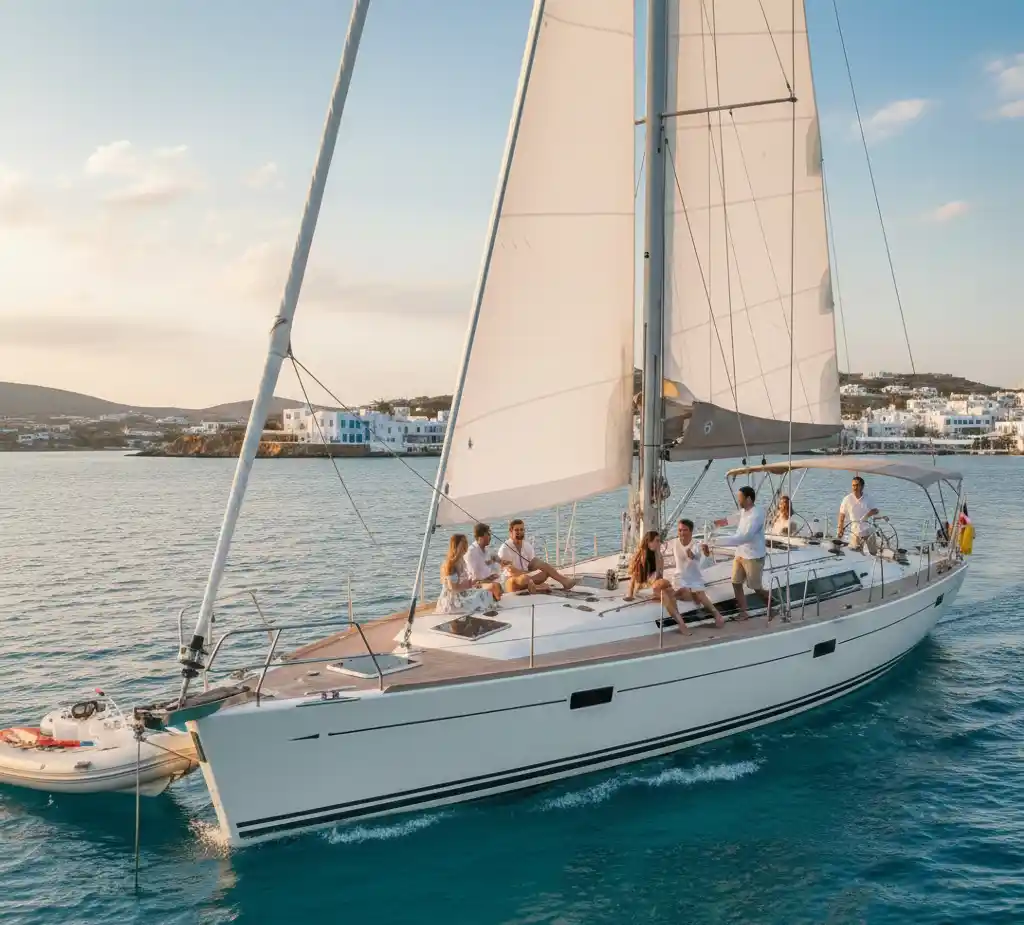 Friends enjoying a sunset boat trip on a classic sailing yacht in Greece, surrounded by sparkling blue water and clear skies.
