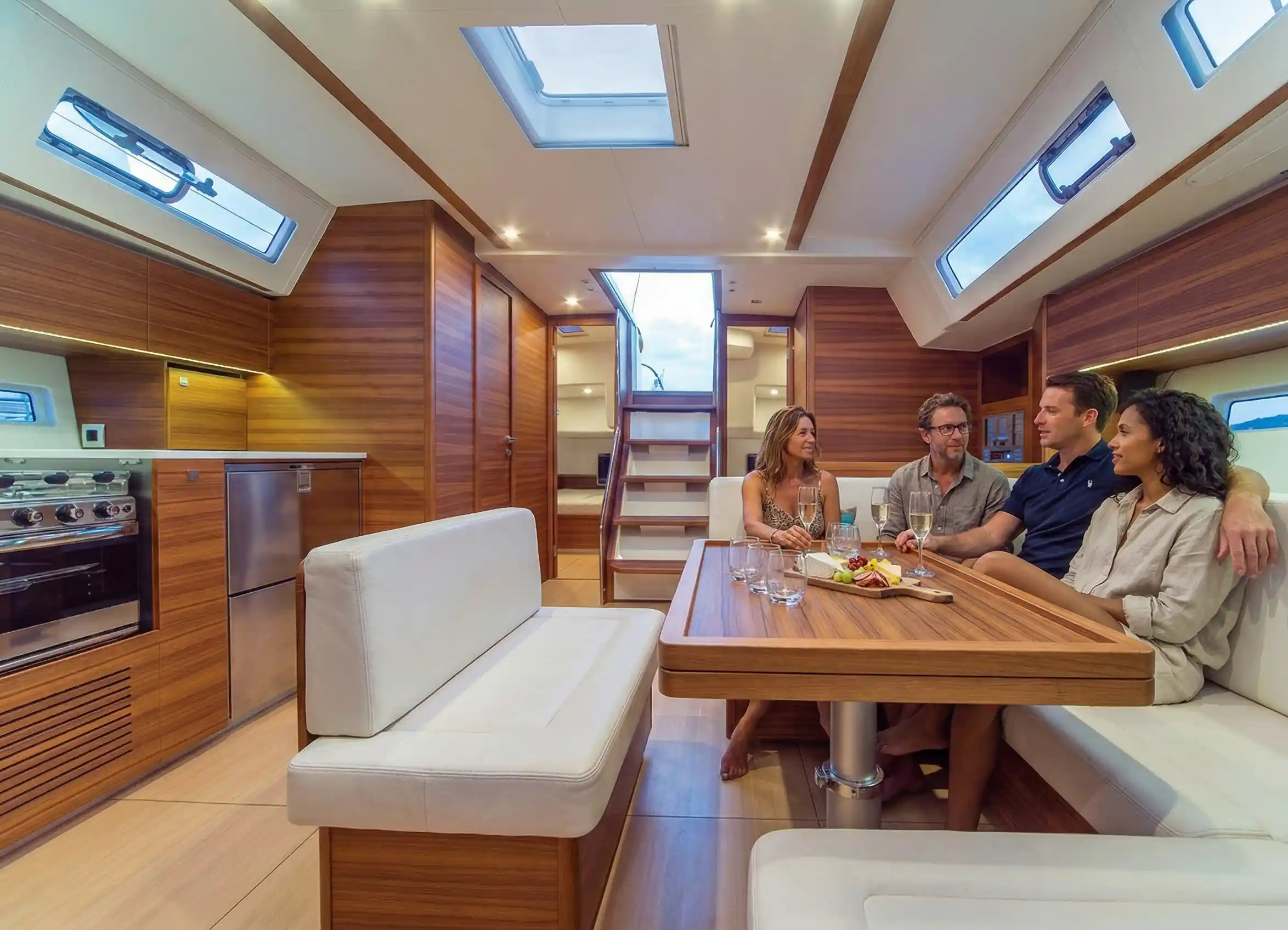 A high-end, modern yacht interior featuring warm wood paneling and white leather seating. A diverse group of four friends is lounging around a wooden dining table, enjoying wine and a cheese board, with soft natural light coming through the ceiling hatches and side windows.