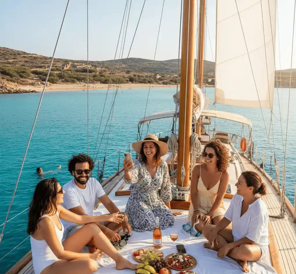 A small group of travelers on a yacht, smiling and interacting while anchored near a beautiful island coastline, indicating a shared excursion.