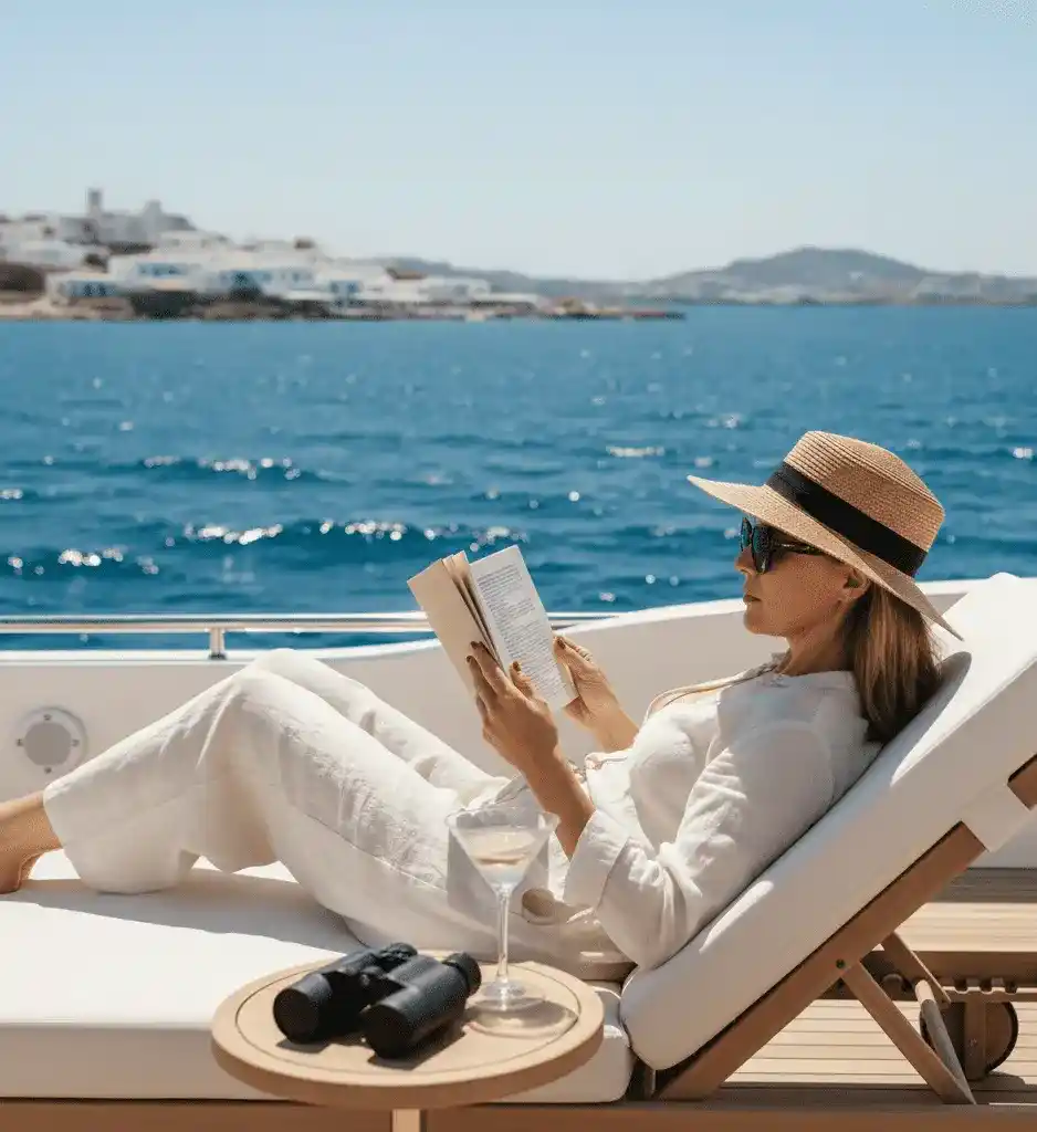 A woman in a straw hat and blue dress reads a book on a comfortable beanbag chair on the deck of a yacht, overlooking the sea and Mykonos town.