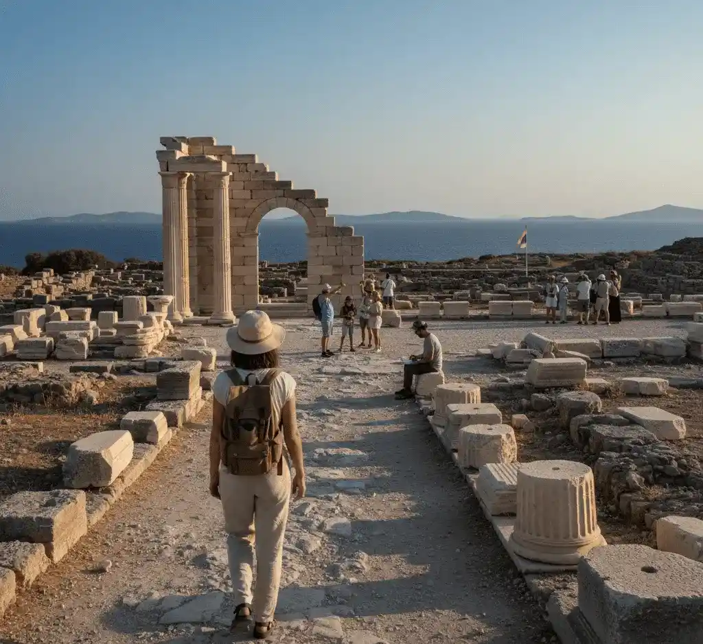 A solo female traveler with a sun hat and backpack walks down a stone path through the ancient ruins of Delos, Greece. In the background, small groups of tourists explore sun-bleached marble columns and arches under a clear blue sky with the Aegean Sea in the distance.