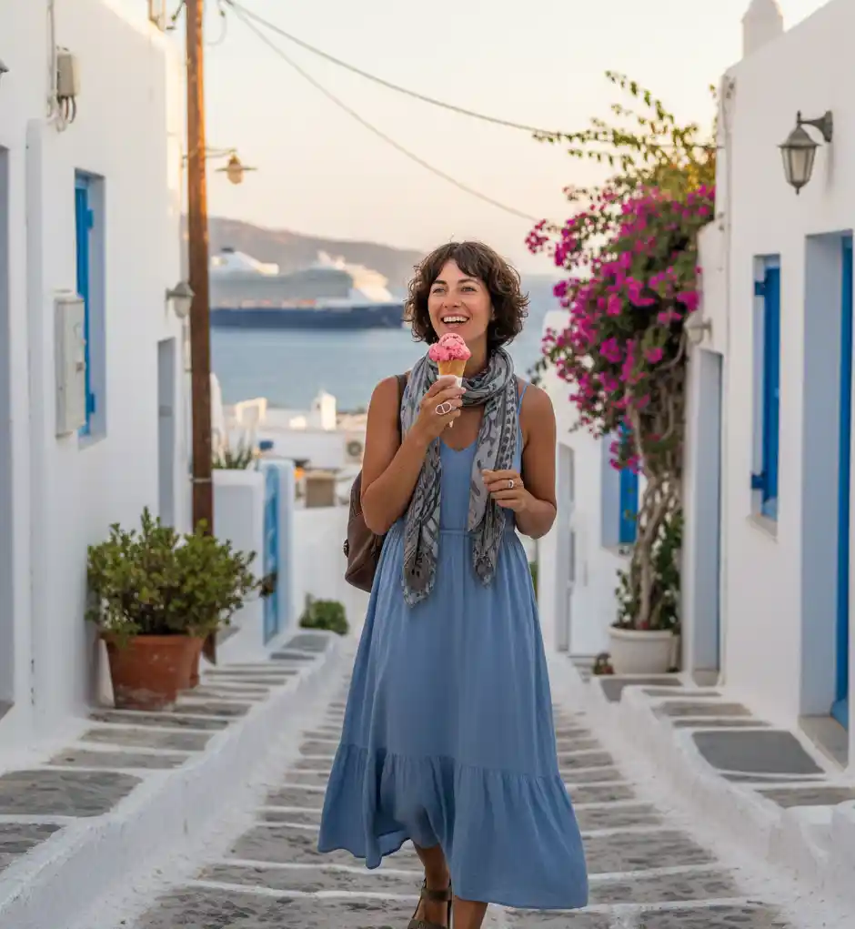 A woman with short, curly dark hair walking down a narrow, sunlit Mykonos street with white-washed walls and blue accents. She is wearing a flowing blue midi dress and a patterned scarf, smiling while enjoying a pink ice cream cone. In the background, a large cruise ship is docked in the turquoise sea under a warm sunset glow.