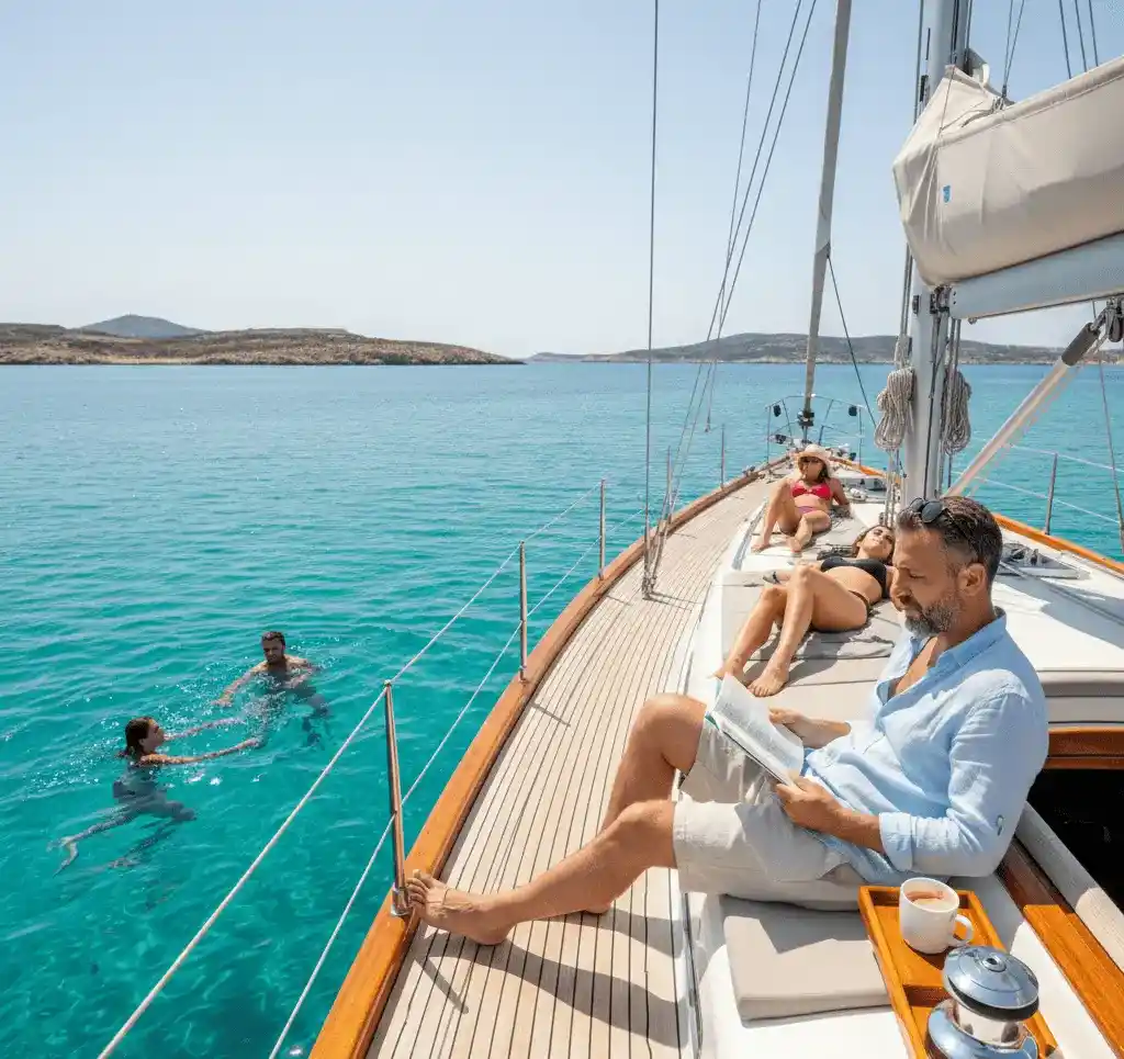 A man in a light blue shirt sits on the deck of a sailing yacht in Greece, focused on reading a book. In the background, other passengers sunbathe on the deck and swim in the turquoise Aegean sea under a clear blue sky.