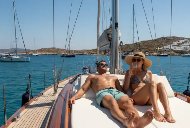 A couple relaxes on the deck of a sailing yacht anchored in a sunny Aegean Sea bay with other boats in the distance.