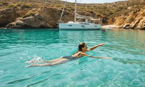 A person swimming in crystal clear turquoise waters off a beautiful, secluded cove, with a yacht visible in the background.