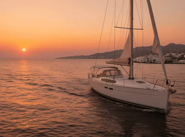 Sailing yacht gliding through the Aegean Sea at sunset near Mykonos, with iconic whitewashed buildings and windmills in the background.