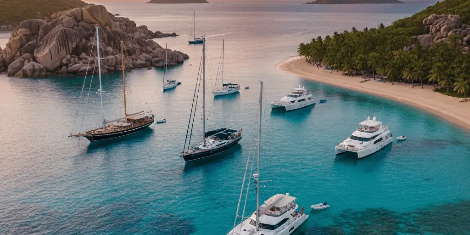A high-angle view of several luxury yachts and catamarans anchored in a crystal-clear turquoise bay at sunset. The scene features lush tropical islands with palm-fringed beaches, large granite rock formations, and visible coral reefs beneath the water's surface.