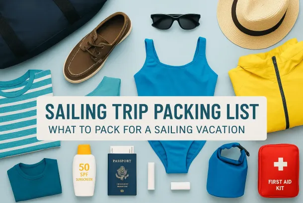 Flat lay of essential sailing trip items including sunscreen, swimsuit, sunglasses, passport, first aid kit, dry bag, and breathable clothing, arranged on a light blue background with the text “Sailing Trip Packing List – What to Pack for a Sailing Vacation