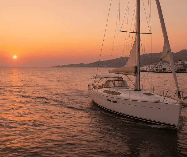Sailing yacht gliding through the Aegean Sea at sunset near Mykonos, with iconic whitewashed buildings and windmills in the background.