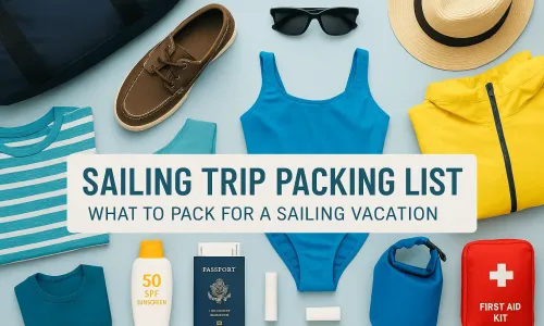 Flat lay of essential sailing trip items including sunscreen, swimsuit, sunglasses, passport, first aid kit, dry bag, and breathable clothing, arranged on a light blue background with the text “Sailing Trip Packing List – What to Pack for a Sailing Vacation
