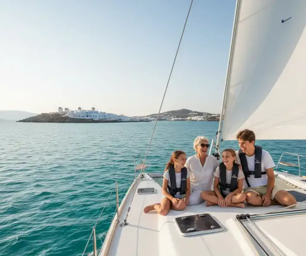 A happy family wearing life jackets, smiles while sitting on the deck of a sailing yacht with the beautiful Mykonos coastline and windmills in the background under a clear sky.