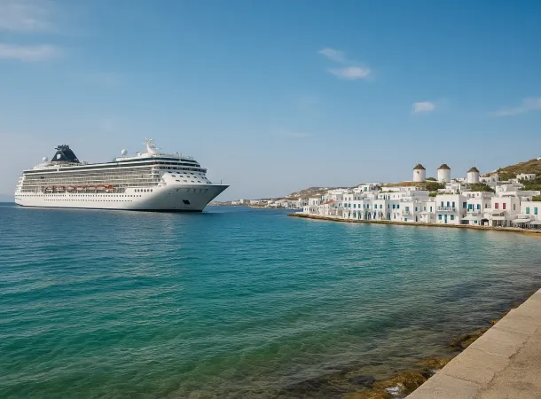 A cruise ship docked near Mykonos Town with whitewashed houses and iconic windmills in the background, viewed from the harbor.