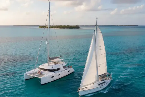 An aerial view of a white catamaran and a white monohull sailboat sailing side-by-side on clear turquoise waters, with a tropical island in the background under a partly cloudy sky at sunset.