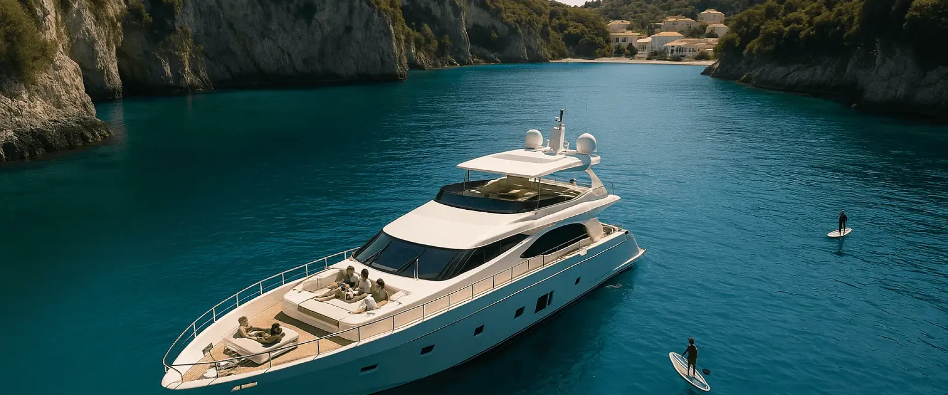 Luxury yacht anchored in a secluded turquoise bay in the Ionian Islands, with guests relaxing on deck and a crew member preparing lunch.