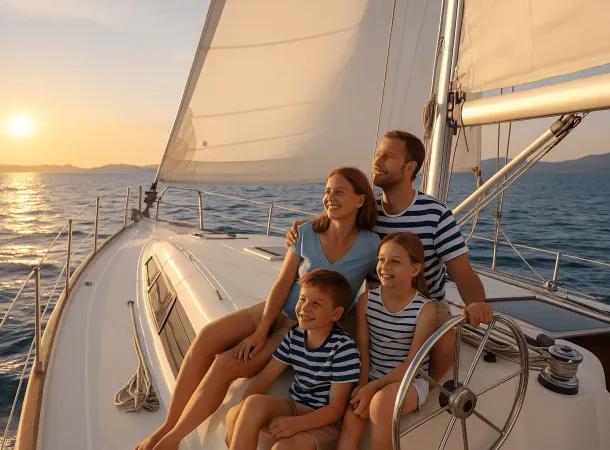 Family of four enjoying a golden sunset aboard a sailing yacht during a peaceful vacation in the Aegean Sea