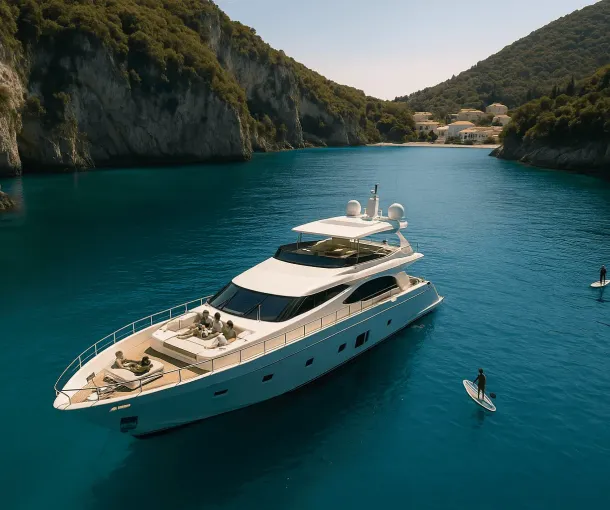 Luxury yacht anchored in a secluded turquoise bay in the Ionian Islands, with guests relaxing on deck and a crew member preparing lunch.