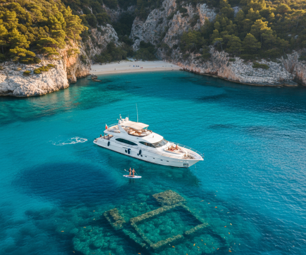 An aerial view of a luxury yacht anchored in a secluded, turquoise-water bay with pine-covered cliffs and a small beach, with a person paddleboarding near underwater ruins.