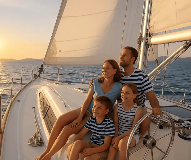 Family of four enjoying a golden sunset aboard a sailing yacht during a peaceful vacation in the Aegean Sea