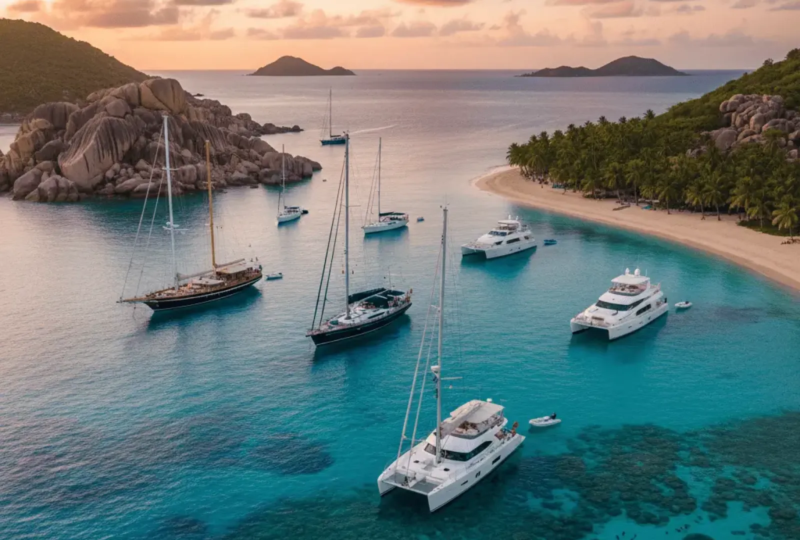 A high-angle view of several luxury yachts and catamarans anchored in a crystal-clear turquoise bay at sunset. The scene features lush tropical islands with palm-fringed beaches, large granite rock formations, and visible coral reefs beneath the water's surface.