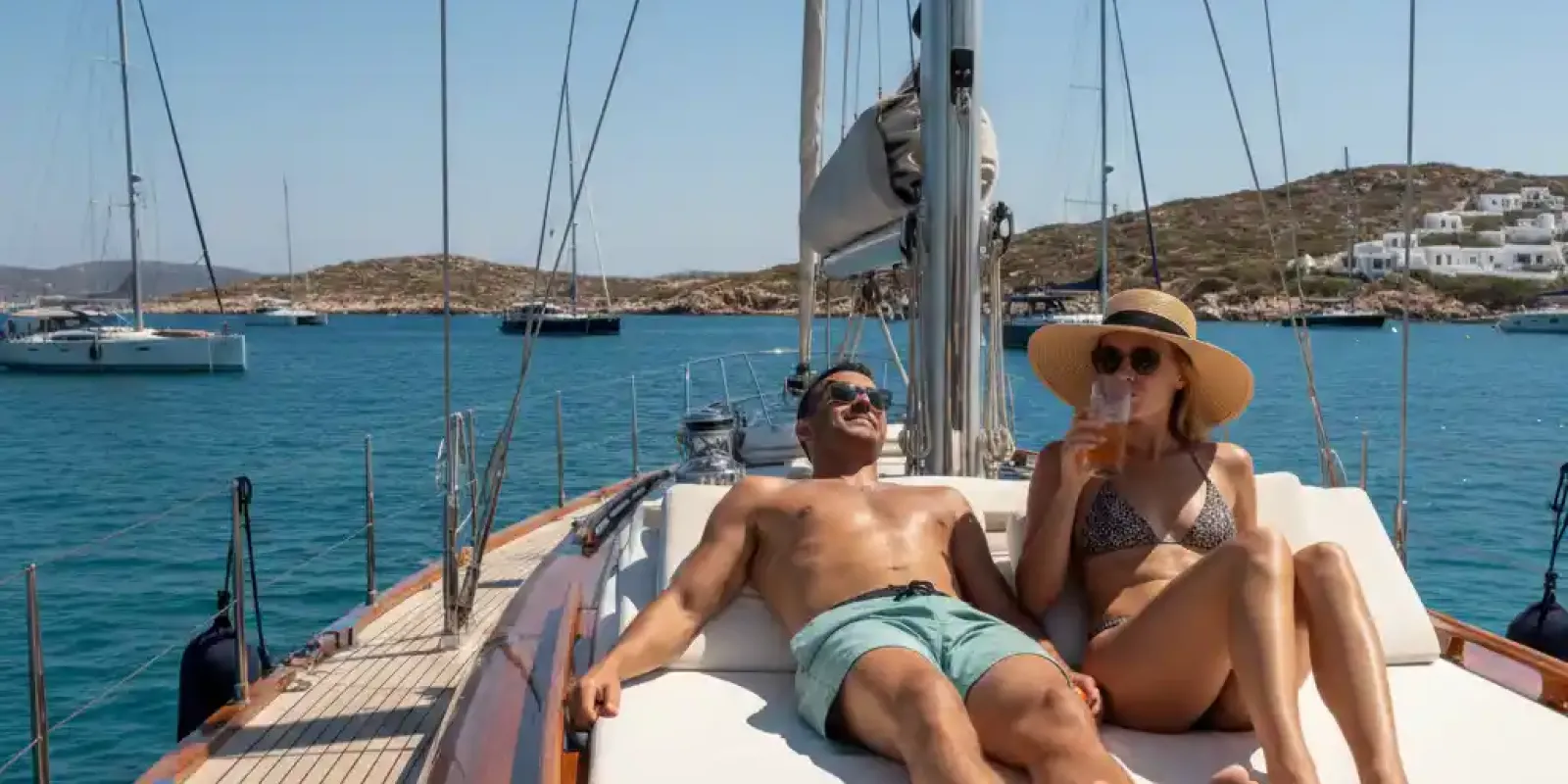 A couple relaxes on the deck of a sailing yacht anchored in a sunny Aegean Sea bay with other boats in the distance.