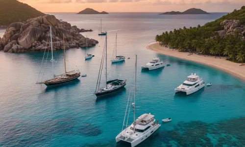 A high-angle view of several luxury yachts and catamarans anchored in a crystal-clear turquoise bay at sunset. The scene features lush tropical islands with palm-fringed beaches, large granite rock formations, and visible coral reefs beneath the water's surface.