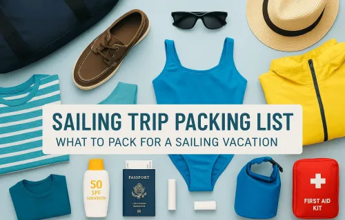 Flat lay of essential sailing trip items including sunscreen, swimsuit, sunglasses, passport, first aid kit, dry bag, and breathable clothing, arranged on a light blue background with the text “Sailing Trip Packing List – What to Pack for a Sailing Vacation