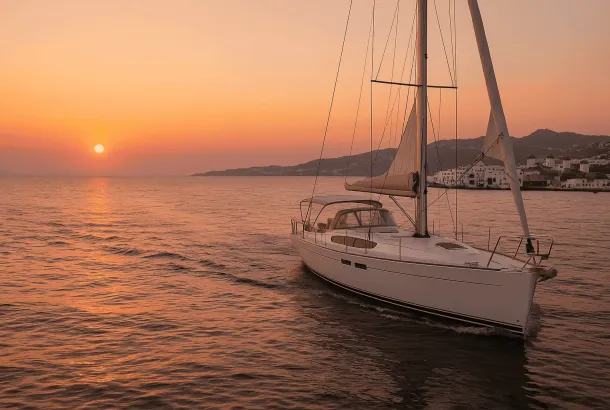 Sailing yacht gliding through the Aegean Sea at sunset near Mykonos, with iconic whitewashed buildings and windmills in the background.