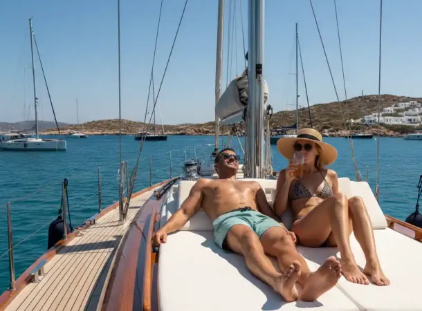 A couple relaxes on the deck of a sailing yacht anchored in a sunny Aegean Sea bay with other boats in the distance.