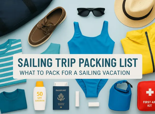 Flat lay of essential sailing trip items including sunscreen, swimsuit, sunglasses, passport, first aid kit, dry bag, and breathable clothing, arranged on a light blue background with the text “Sailing Trip Packing List – What to Pack for a Sailing Vacation