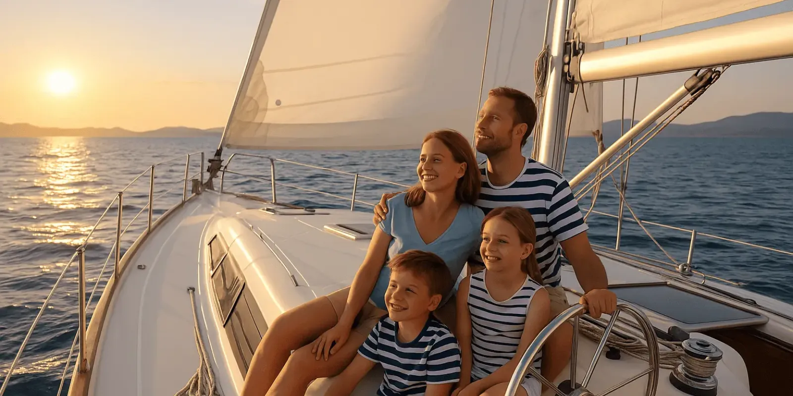 Family of four enjoying a golden sunset aboard a sailing yacht during a peaceful vacation in the Aegean Sea