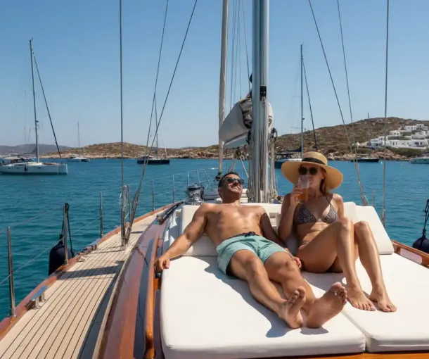 A couple relaxes on the deck of a sailing yacht anchored in a sunny Aegean Sea bay with other boats in the distance.