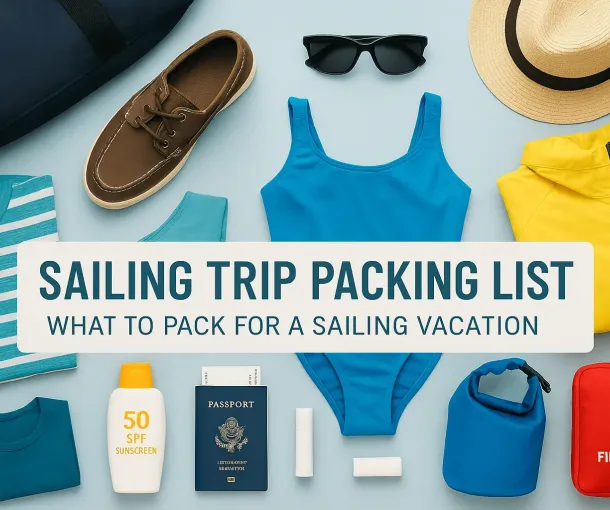 Flat lay of essential sailing trip items including sunscreen, swimsuit, sunglasses, passport, first aid kit, dry bag, and breathable clothing, arranged on a light blue background with the text “Sailing Trip Packing List – What to Pack for a Sailing Vacation