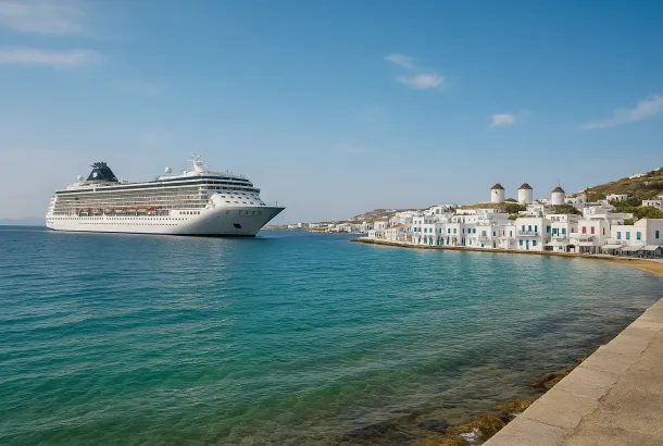 A cruise ship docked near Mykonos Town with whitewashed houses and iconic windmills in the background, viewed from the harbor.