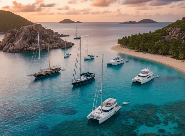 A high-angle view of several luxury yachts and catamarans anchored in a crystal-clear turquoise bay at sunset. The scene features lush tropical islands with palm-fringed beaches, large granite rock formations, and visible coral reefs beneath the water's surface.