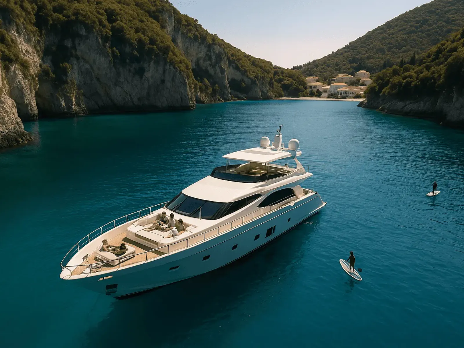 Luxury yacht anchored in a secluded turquoise bay in the Ionian Islands, with guests relaxing on deck and a crew member preparing lunch.