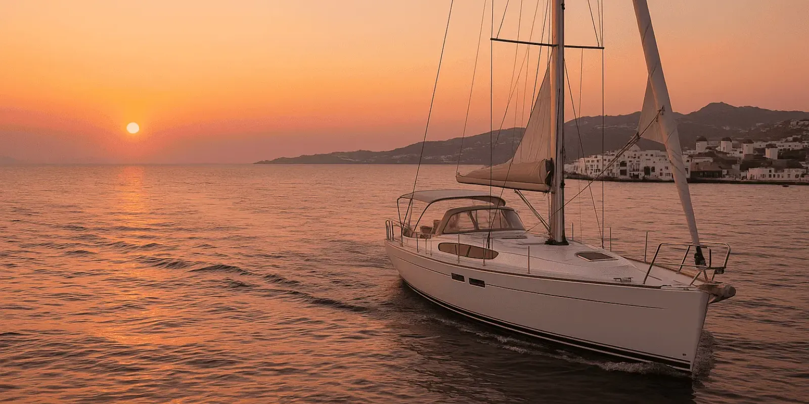 Sailing yacht gliding through the Aegean Sea at sunset near Mykonos, with iconic whitewashed buildings and windmills in the background.