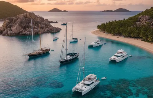 A high-angle view of several luxury yachts and catamarans anchored in a crystal-clear turquoise bay at sunset. The scene features lush tropical islands with palm-fringed beaches, large granite rock formations, and visible coral reefs beneath the water's surface.