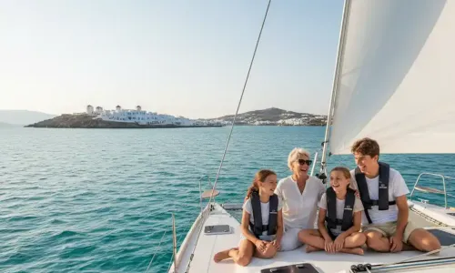 A happy family wearing life jackets, smiles while sitting on the deck of a sailing yacht with the beautiful Mykonos coastline and windmills in the background under a clear sky.