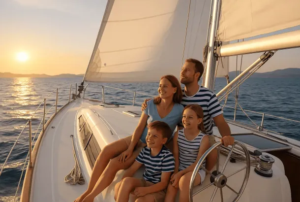 Family of four enjoying a golden sunset aboard a sailing yacht during a peaceful vacation in the Aegean Sea